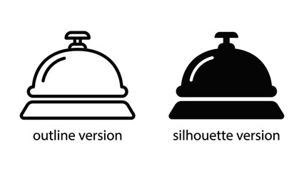 Fototapeta premium Reception Bell Icons: A set of clean and modern icons depicting a classic hotel or service bell, presented in both an outline and a silhouette style for versatility.