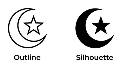 Moon and Star Symbol: Two depictions of the celestial crescent moon with a five-pointed star, one in outline and the other in silhouette, representing cosmic elements and symbolic meaning. © Al