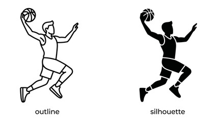 Basketball Player Dunk: Dynamic illustration depicting a basketball player performing a powerful slam dunk, showcased in both outline and silhouette styles for versatile graphic design applications. © Md