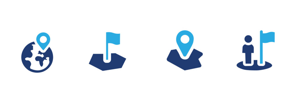 Location and navigation icon set. Contains globe icons, map pins, and flags for travel and web design.