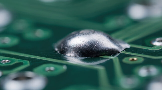 Extreme macro close-up of a silver solder joint on a green circuit board