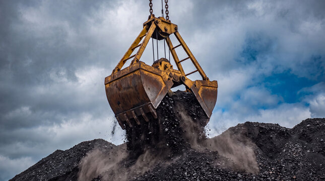 Yellow grab bucket dumping black coal with flying dust in an outdoor industrial work site
