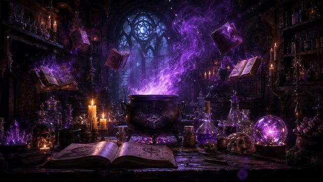 A mystical alchemist's laboratory filled with glowing purple potions, bubbling cauldron, ancient spellbooks, and arcane artifacts under a stained-glass window.