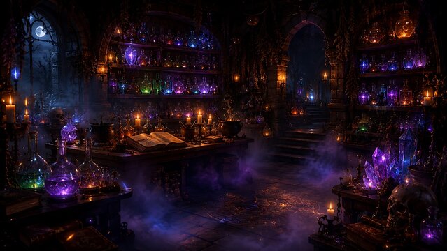 Dark and mystical alchemist's laboratory filled with glowing potions, ancient books, and magical artifacts, emanating an enchanted atmosphere.