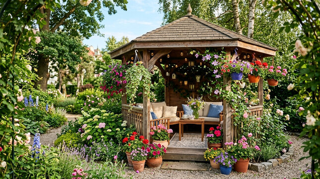 Charming wooden gazebo in a vibrant, blooming flower garden, summer idyll