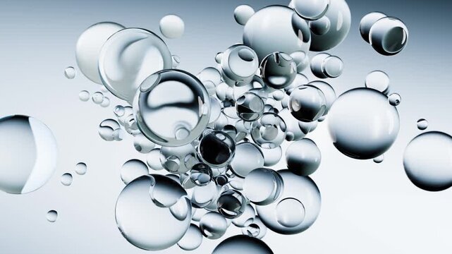 Transparent 3D molecules, liquid water drops, bubbles. Cosmetic products for skin care, hyaluronic. Abstract animation video pattern. Healthcare and medicine designs concept, beauty background.	