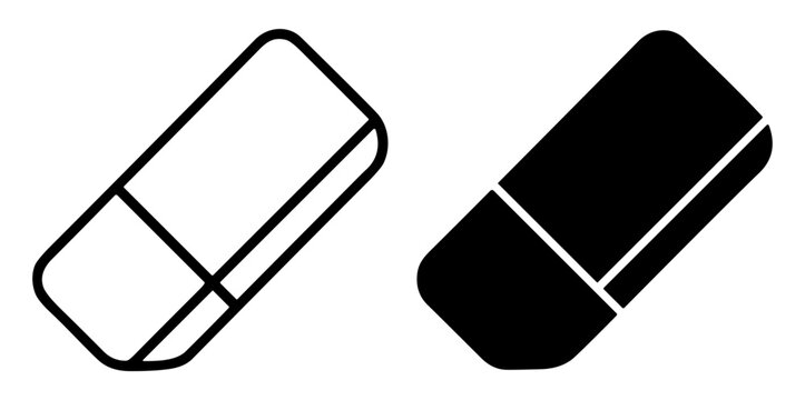 Minimalistic black and white eraser icons set with outline and solid styles on transparent background