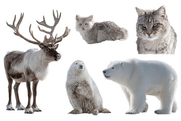 Fototapeta premium Arctic animal bundle isolated on transparent background, cute polar wildlife PNG cutout collection