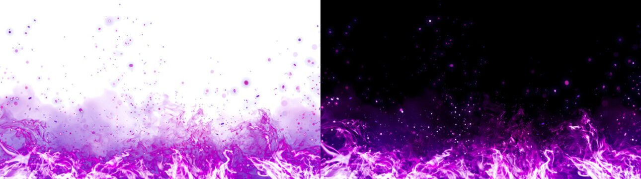 Purple fire flame border with glowing spark particles in PNG, Transparent and Black Background Versions for cinematic design projects