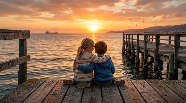 Children watch sunset on pier, siblings embrace seaside, golden hour ocean view