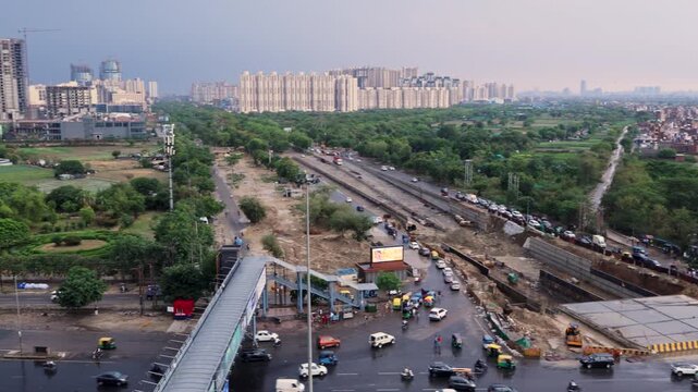 Aerial view of Delhi NCR traffic. Busy urban highway intersection in Noida and Ghaziabad area.