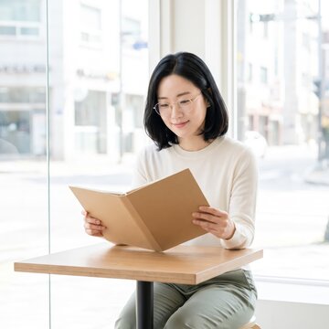 Generative AI, Young woman reading a book at a cafe window with city view