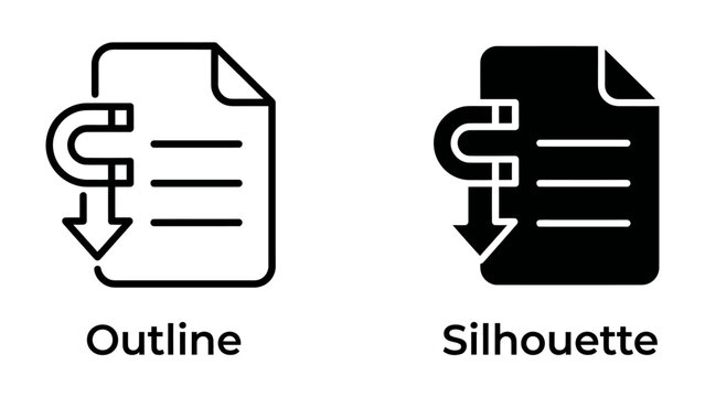 Magnet Icon and Document: A stylized magnet icon pulls down on a document, shown in both outline and silhouette versions, representing data retrieval, download, or information gathering.