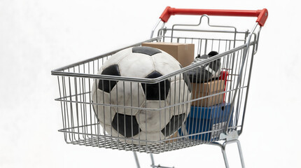 Soccer ball and shipping boxes in a shopping cart for online sports equipment retail purchase.