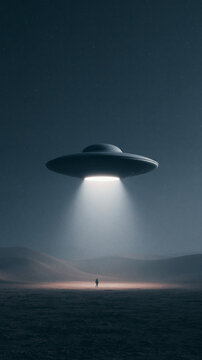 A mysterious flying saucer hovers above a lonely person standing in a vast dark desert landscape at night while casting a bright beam of light downwards