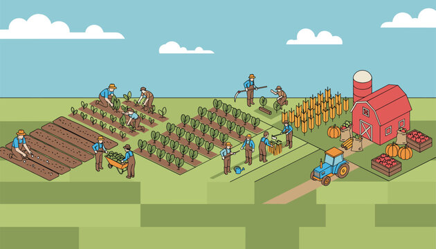 Farmers working together in a lush agricultural field with crops and a red barn featuring a tractor to showcase modern farming and sustainable food production.