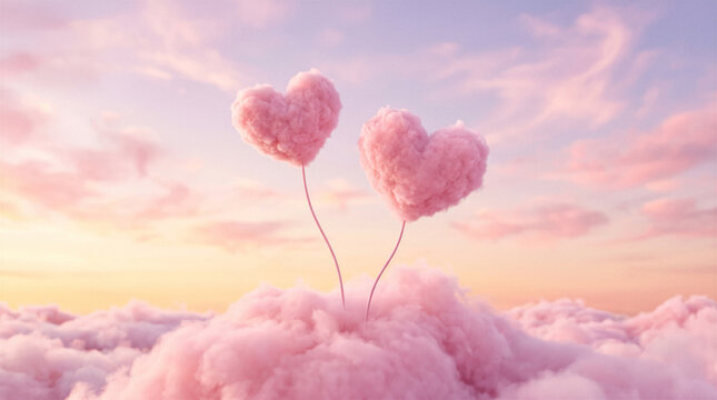 Two fluffy pink heart clouds floating in pastel sunset sky