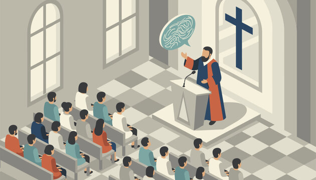 Minister preaching from a podium in a church with a congregation sitting on benches listening to a sermon with a cross symbol in background.