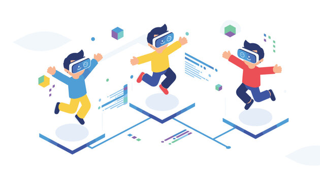Three young people jumping on interconnected platforms while wearing virtual reality headsets in a digital environment for gaming.