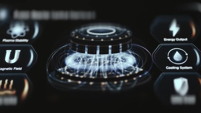 Fusion Reactor Control Dashboard with Central Tokamak and System Menu Icons