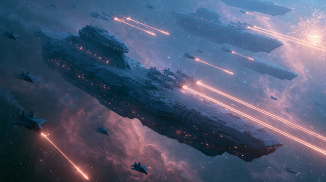 A massive fleet of futuristic warships engages in a large space battle while firing laser beams against an enemy force in a distant galaxy