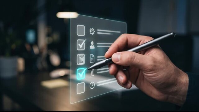 Hand using digital stylus to complete interactive checklist on screen