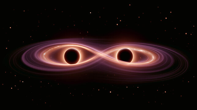 Two black holes orbiting each other in deep space with a glowing accretion disk forming an infinity shape against a background of distant stars and dark cosmic void