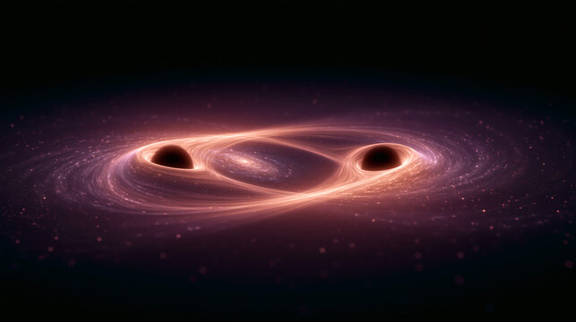 Two massive black holes rotate and orbit around each other in deep space creating a powerful gravitational field in the dark universe