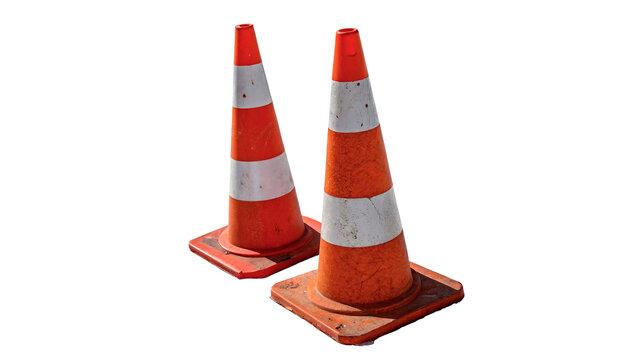 Two orange safety traffic road cones isolated on transparent background