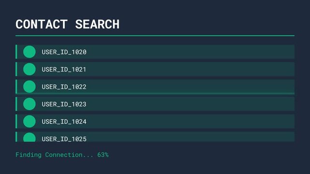 Contact search interface, loading user data with progress bar, seamless loop, symbolizing technology and communication