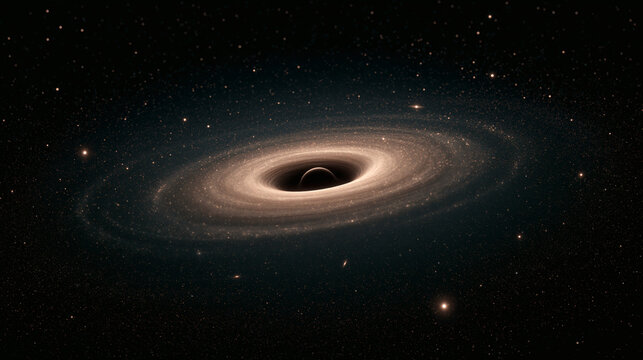 A massive black hole sits in the center of deep space surrounded by a glowing accretion disk of light and stars in the vast dark universe