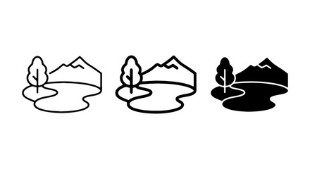 Minimalist Landscape Icons Set: Mountain, Tree, River, and Water Body Icons, Vector Graphics for Nature and Outdoors Themes © NOVA