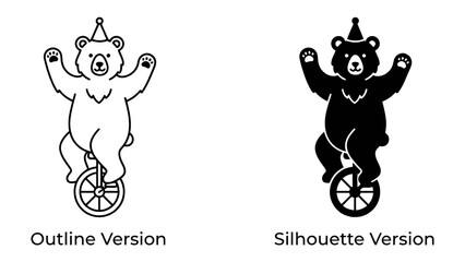 Circus Bear on Unicycle: A charming illustration of a bear wearing a party hat, performing a balancing act on a unicycle, presented in both outline and silhouette versions for versatile design use. © md