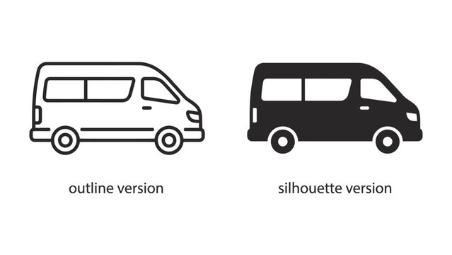 Minivan Outline and Silhouette: Two identical minivans presented side-by-side, one as a clean line-art outline and the other as a solid black silhouette.