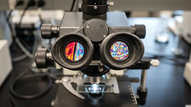 Scientific Microscope Eyepieces with Glowing Colorful Sample Slides