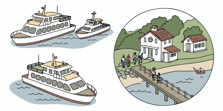 Set of five island ferry boats with passengers, docked near coastal houses, blue water background