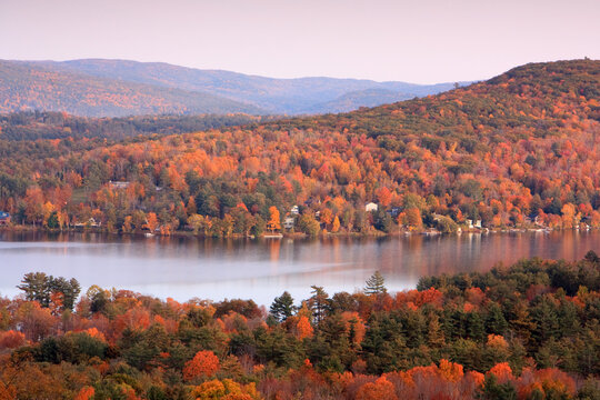 Scenic view of a lake and mountains in The Berkshires, Massachusetts, from Olivia's Overlook on an autumn afternoon