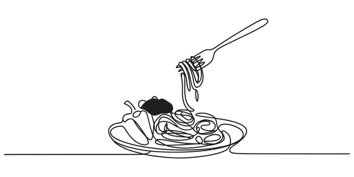 Continuous single line drawing of spaghetti pasta on a plate with a fork