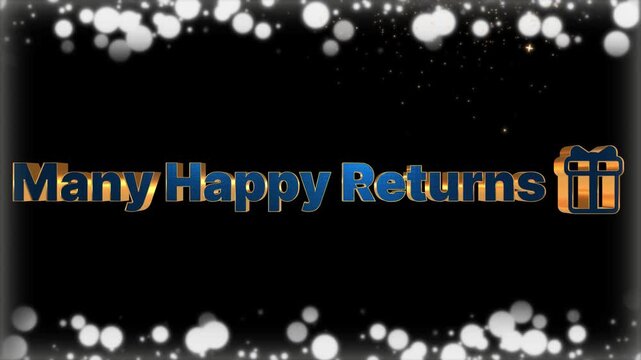 Golden many happy returns greeting text animation with gift icons on bright green background with golden three dimensional background bokeh effects