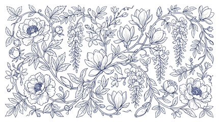 Vintage floral line art background, blue botanical etching with peony and magnolia blossoms, elegant hand drawn garden vector illustration © usman