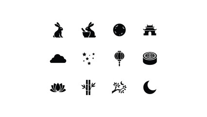 Obraz premium Minimalist black icons set featuring cultural symbols and nature elements in clean flat design with collection twelve minimalist symbols celestial bodies
