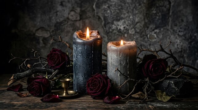 Two glowing candles with dark rustic decor for a spooky and atmospheric happy halloween celebration background