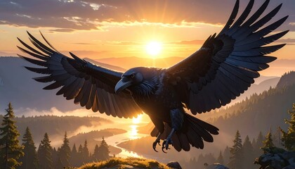 Obraz premium Large black bird flying over forest at golden sunset.