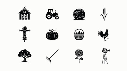 Rustic farm life icons set with showcases minimalist black white vector collection highlighting traditional farming elements barns seasonal produce against neutral background © Suranjana