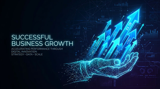 Digital Wireframe Hand Holding Upward Growth Arrows - Successful Business Growth Technology Concept