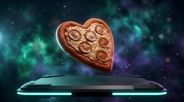 HeartShaped Pizza with Pepperoni on vintage wooden chalkboard, Futuristic Digital Illustration