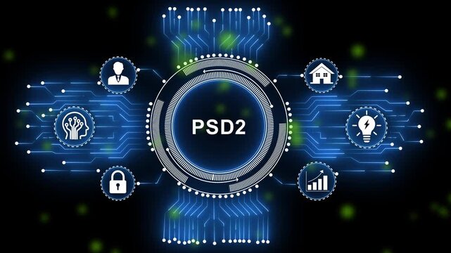 Dynamic psd2 payment services directive 2 digital banking interface featuring futuristic circuit board secure financial data encryption and advanced fintech cybersecurity network technology