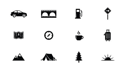 Minimalist travel with monochromatic grid ten flat style icons representing travel outdoor adventure themes against neutral background displays clean monochromatic © Suranjana