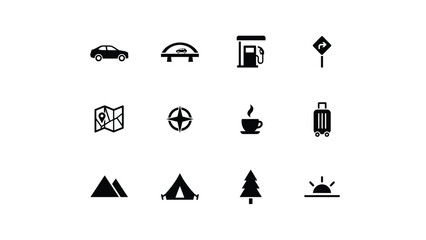 Minimalist travel with high contrast black white collection twelve minimalist icons representing travel outdoor adventure themes 4x3 grid layout © Suranjana