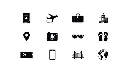 Modern minimalist travel and adventure icons set in black with representing diverse travel themes with showcases clean four, sleek black white © Suranjana